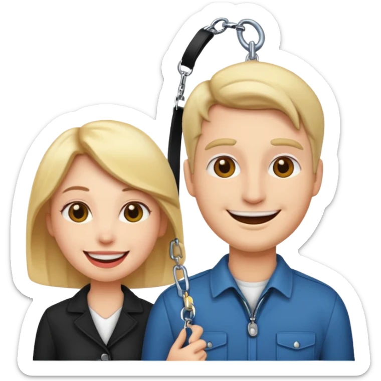 fun, exaggerated emoji of a woman with a man on a leash, both characters looking happy, no background sticker