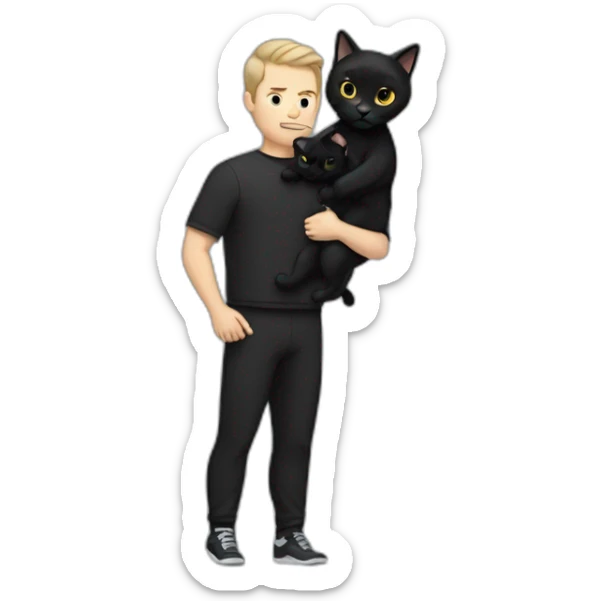 white man with black hair wearing tracksuit holding a black cat like a baby in arms sticker