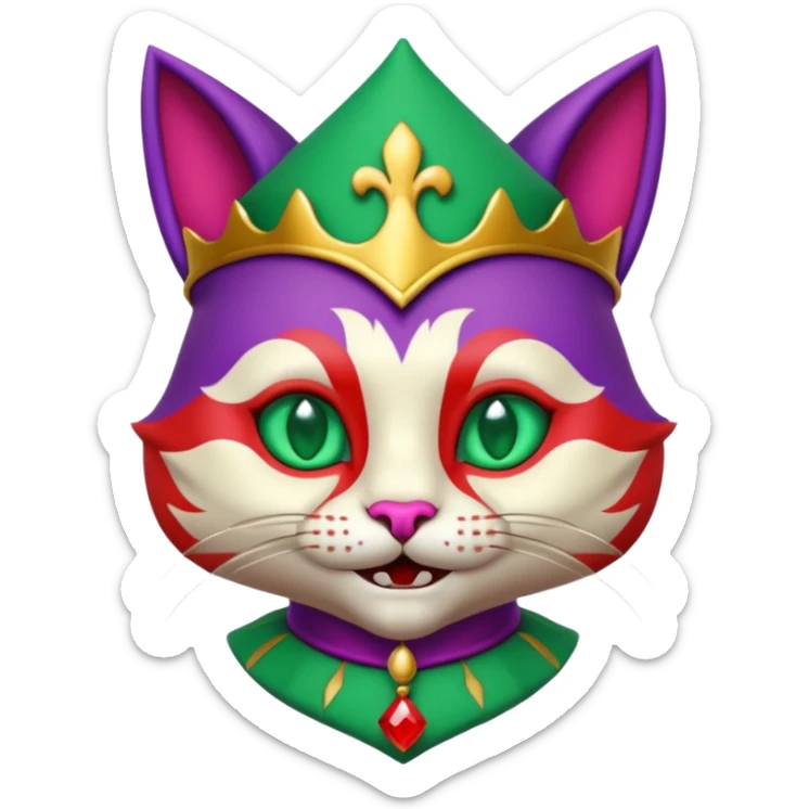 crazy colorful cute little cat jolly joker from poker, medieval, vintage, court jester, mac os icon, purple, gold and red color, half body, emerald green ice eyes. Squared shape as 3D mac os icon, symmetrical sticker