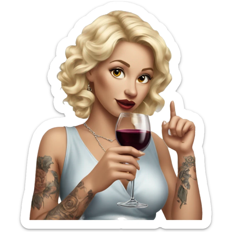 Blonde elegant women, her body covered with tattoos, wine in her one hand, pointing on you with her other hand , Hyper realistic sticker