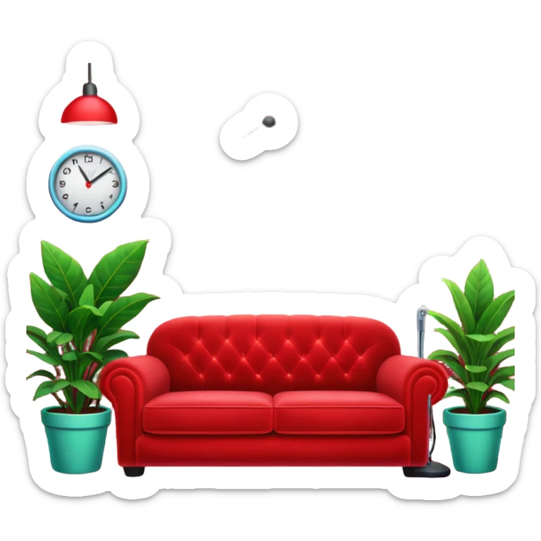 red velvet couch, mic in front, houseplants in back, and a neon sign saying "karaoke", and NO PEOPLE IN IT sticker