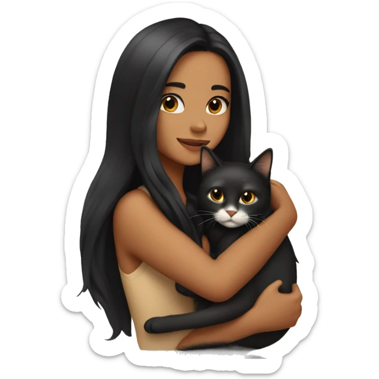 pretty woman with very long black hair and caramel skin hugging a cat sticker
