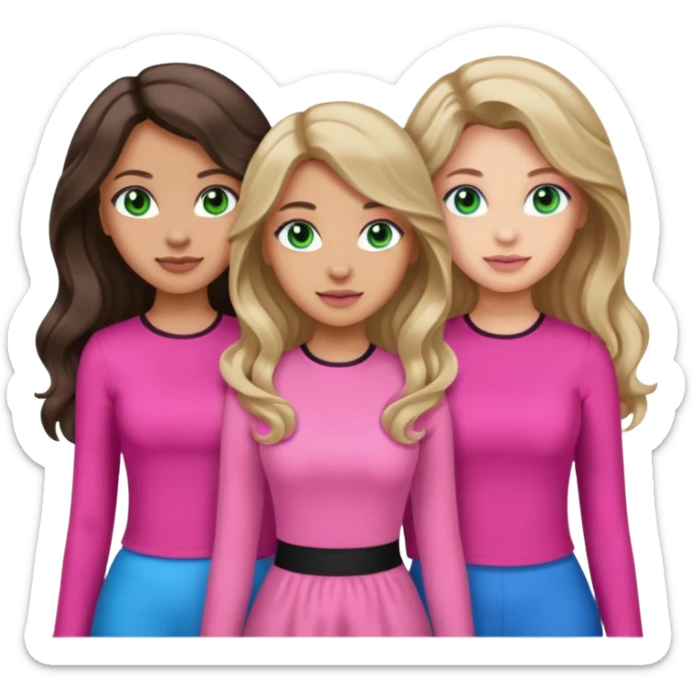 Three women, green eyed light skin with dark blonde long hair and Brown eyed light skin black long wavy hair and blue eyed light skin long blonde hair wearing cute pink outfits sticker