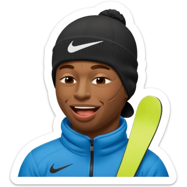 black guy with nike ski mask on squinching his face with his mouth closed trying to hold his laugh with his eyes closed sticker