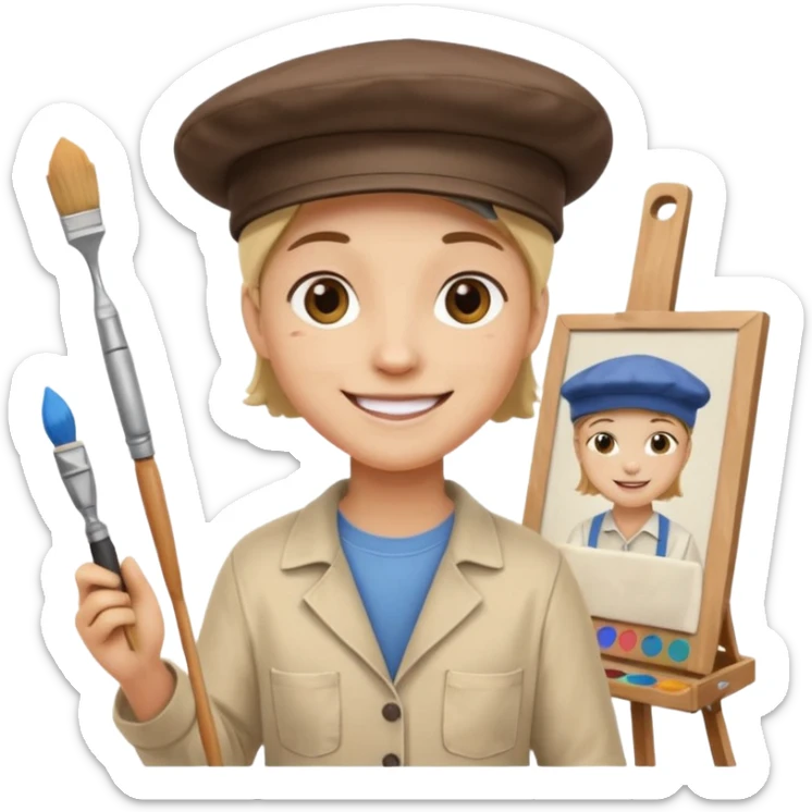emoji of a professional painter, painting on an easel, wearing a painter's hat, happy sticker