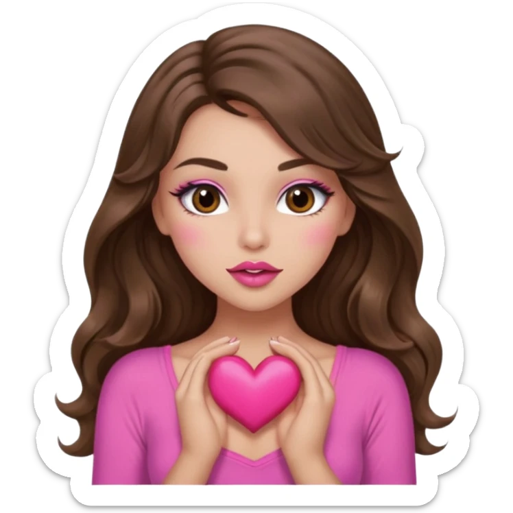 girl with long wavy brown hair, brown eyes, long lashes makeup, sexy pink lips, light to medium complexion, wearing a pink sexy top, sexy , puckering, blushing, kissing a heart sexy sticker
