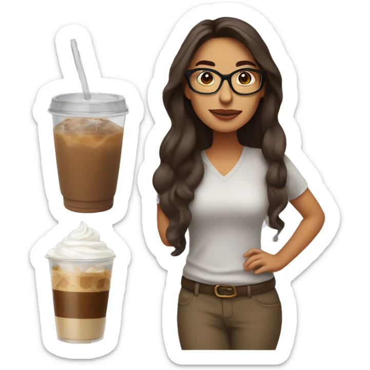 Hispanic woman with long brown hair wearing glasses holding an iced coffee in a clear cup.  sticker