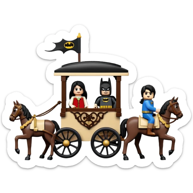  Ultra cute  Lego detailed 1854 Batman and pretty dark-haired Catgirl driving a horse drawn family-size Caravan alone together on a romantic trail in the woods  sticker