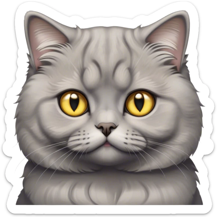 Cinematic Adorable Fluffy Grey Scottish Fold Cat Portrait Emoji, Adorable folded ears perched atop its soft, round head, head tilted cutely with big, sparkling yellow eyes, soft grey fur with darker points on the ears, face, and paws, Simplified yet irresistibly adorable features, highly detailed, glowing with a soft, warm glow, high shine, affectionate and playful, stylized with a touch of whimsy, bright and endearing, soft glowing outline, capturing the essence of a curious and loving kitten with the signature charm of a Scottish Fold's unique folded ears, so cute it feels like it could leap out of the screen and snuggle up for a cuddle! sticker