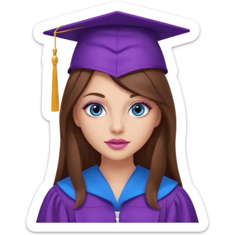 girl with gorgeous long brown hair, blue eyes, long lashes makeup, sexy pink lips, wearing a purple graduation cap and gown sticker