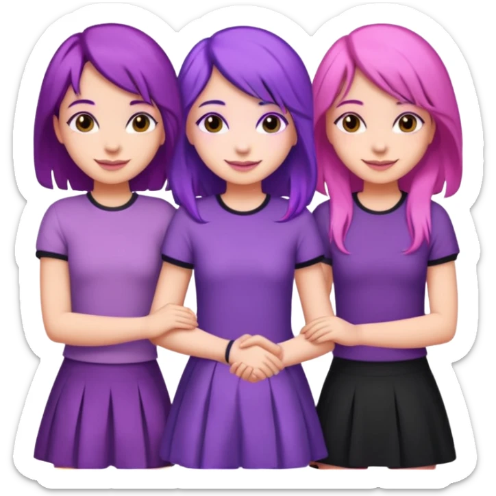 3 girls holding hand middle girl got purple hair left girl got pink hair right girl got black hair sticker