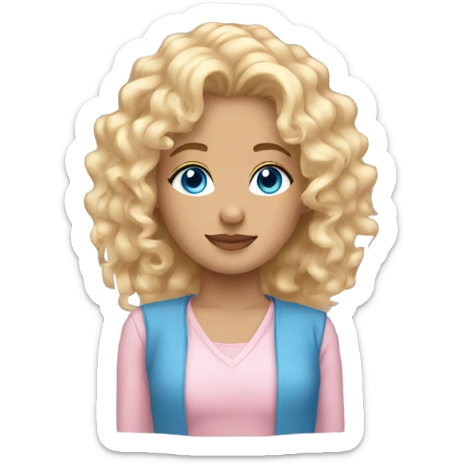 beautiful girl with curly blonde hair blue eyes wearing light pink sticker