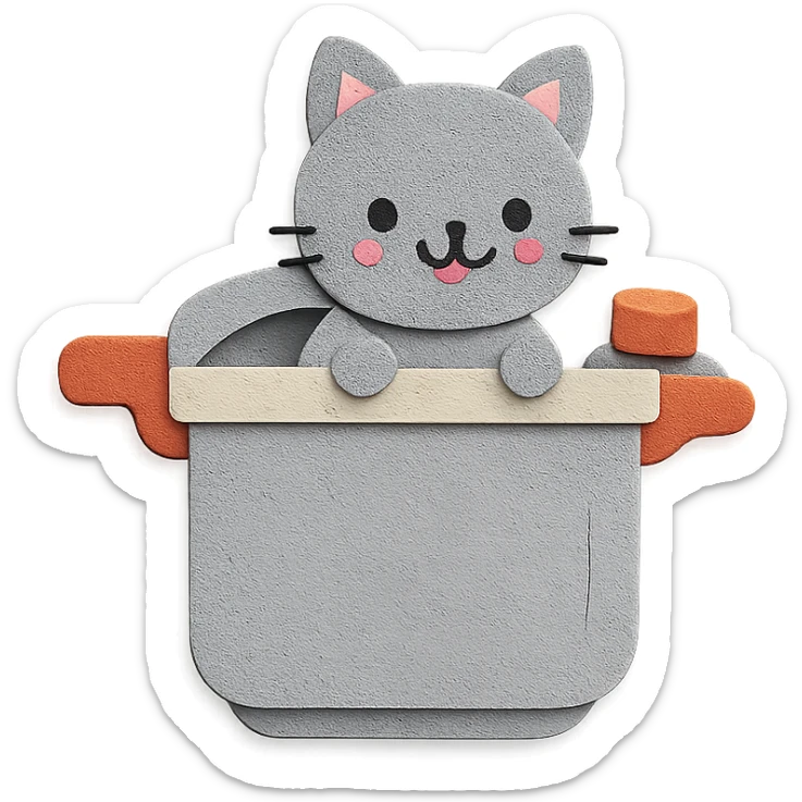 chibi pressure cooker-cat hybrid, popping out of the lid, playful expression, soft grey, full-body sticker