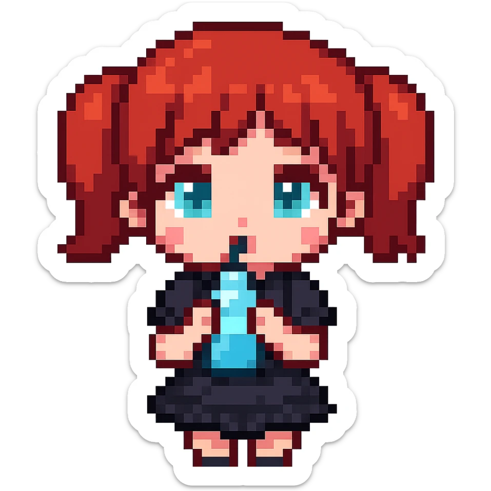 Make the character more chibi with red cherry hair instead of red curly hair, keep the goth style, and depict her drinking water. The style should be pixel art with no background. sticker
