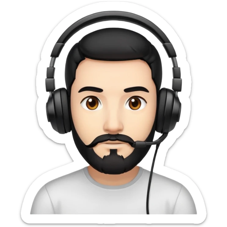 A person with black hair, brown eyes, a black beard, wearing a gaming headset sticker
