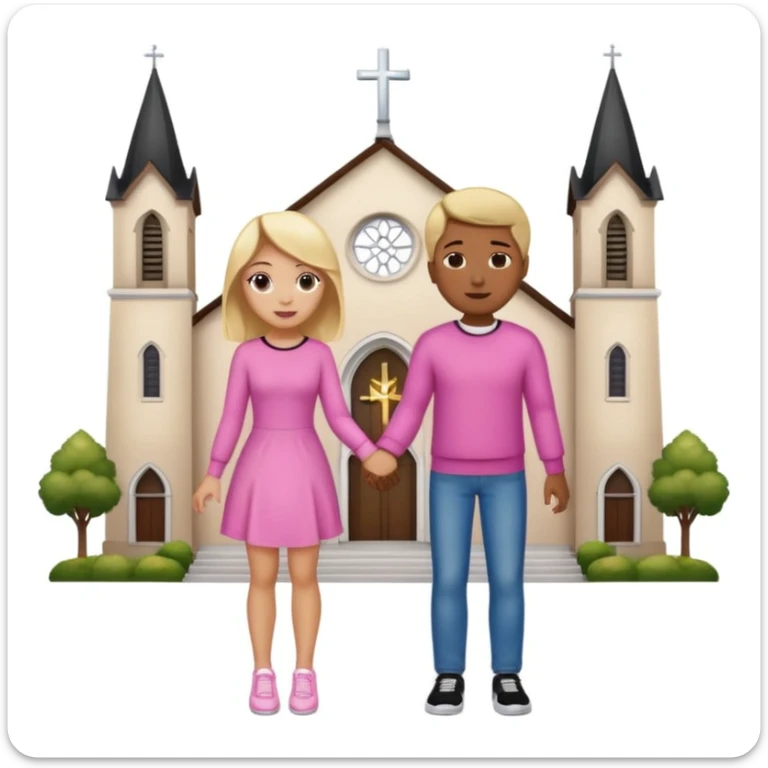Una pareja de novios van tomados de la mano ella es rubia de ojos carmelitas piel blanca vestido rosado y tacones el muchacho es de piel morena ojos negros un pullover blanco pantalón de mezclilla y tenis blancos el fondo es una iglesia  sticker