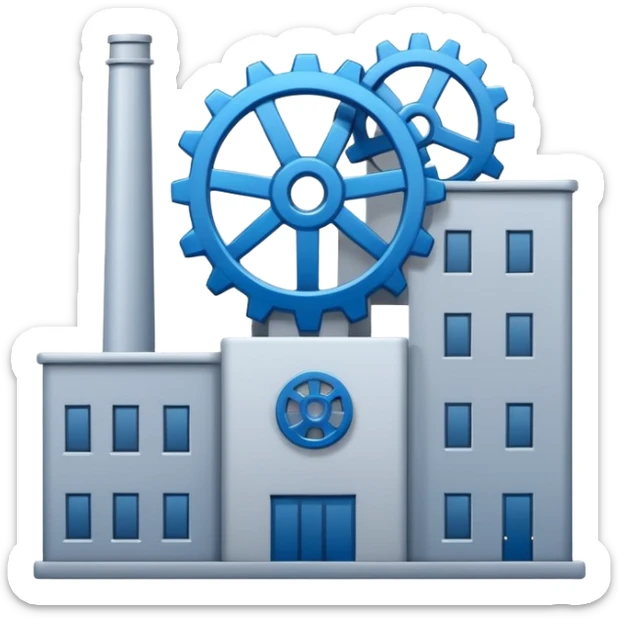 "A minimalist vector icon of a modern manufacturing factory building with a gear symbol above it. Blue and grey color scheme, flat design, white background, simple thick lines, professional business logo style." sticker
