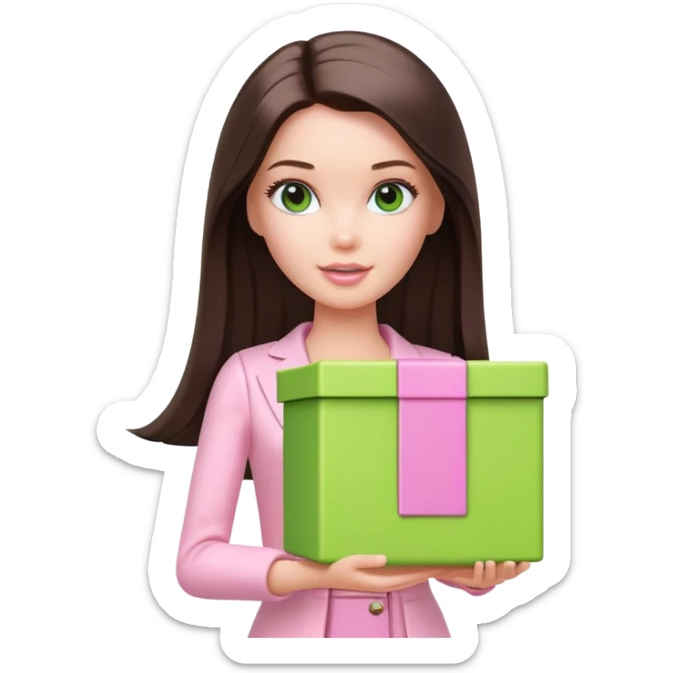 A white Barbie girl with long dark brown straight hair in pale pink clothes holds bright green box sticker