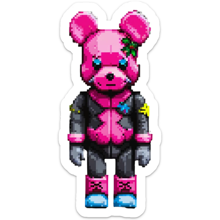 Pixel art KAWS Bearbrick figure with X eyes wearing a hot pink balaclava, blocky bear shape sticker