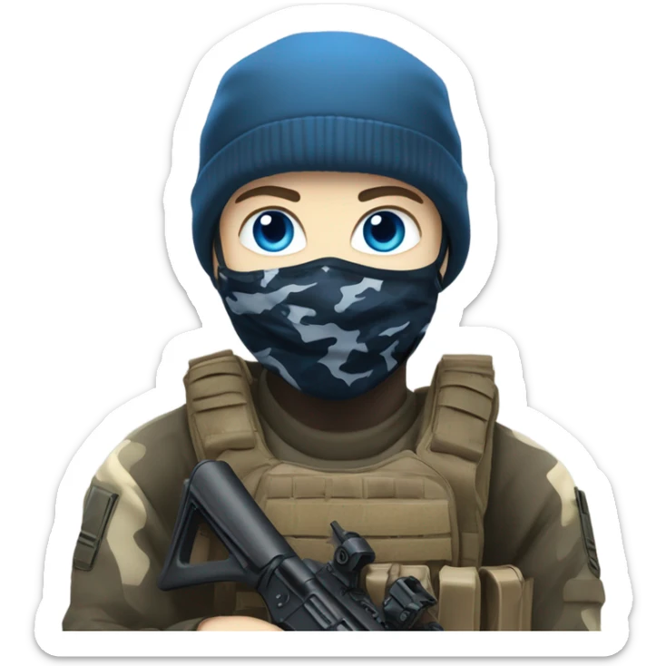 male, pale skin, call of duty face mask, camo tactical gear, combat boots, black beanie, blue eyes sticker