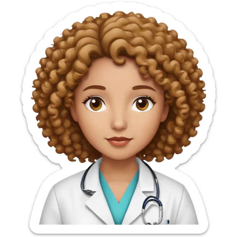 woman with curly hair, light brown skin, wearing hospital lab coat sticker