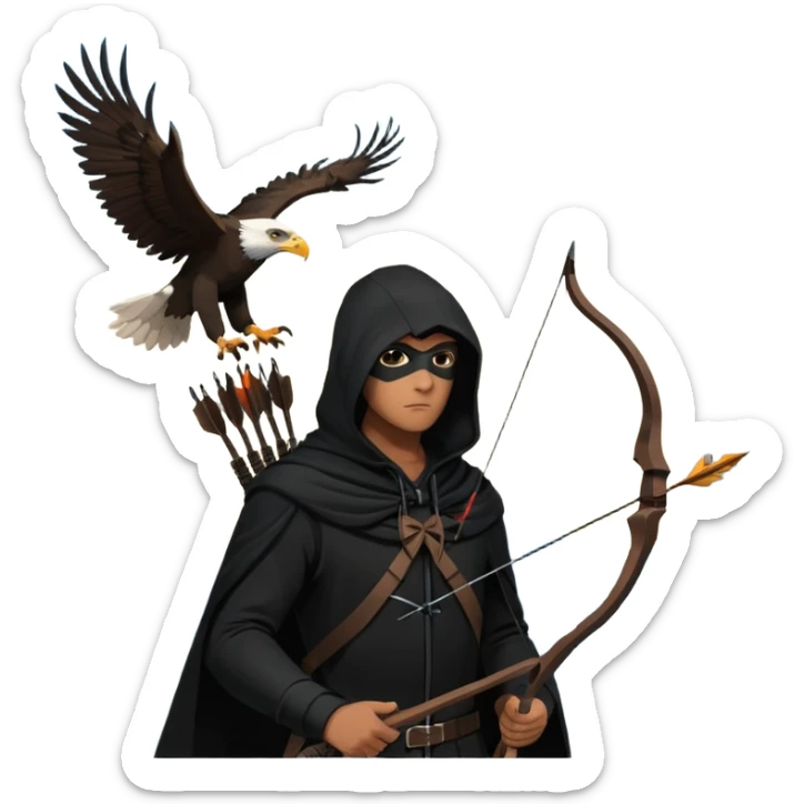 hooded man in a tall buliding a silloute shot, bow and arrows in hand. in the sky a big eagle is flying in modern time sticker
