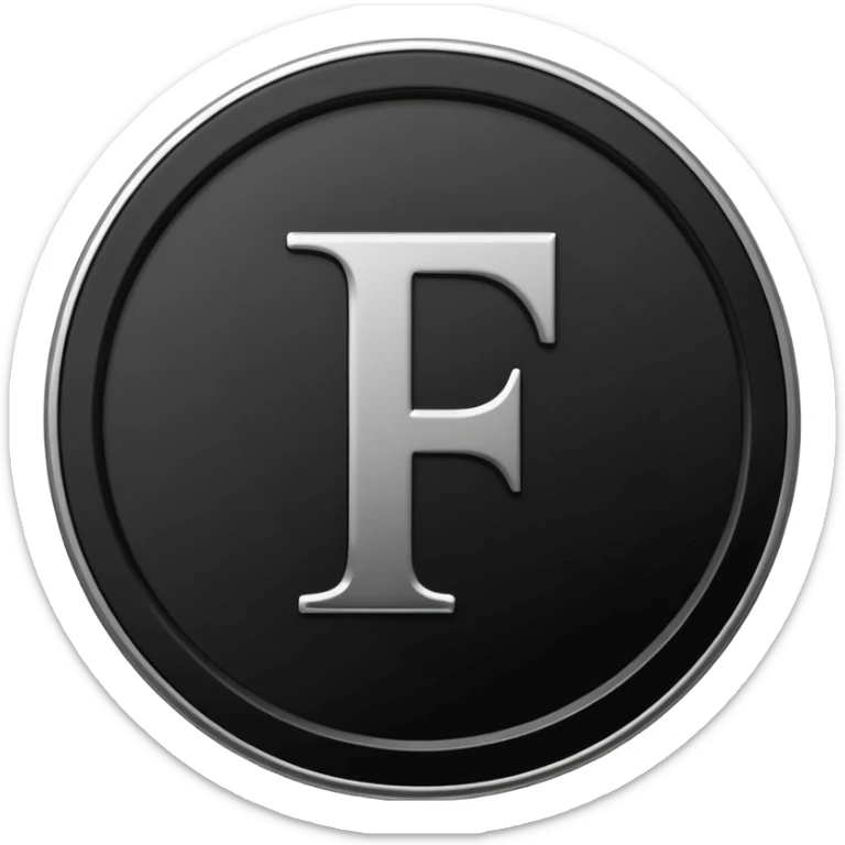 Emoji icon of a black coin with engraved letter F, minimalist style, isolated, no color sticker