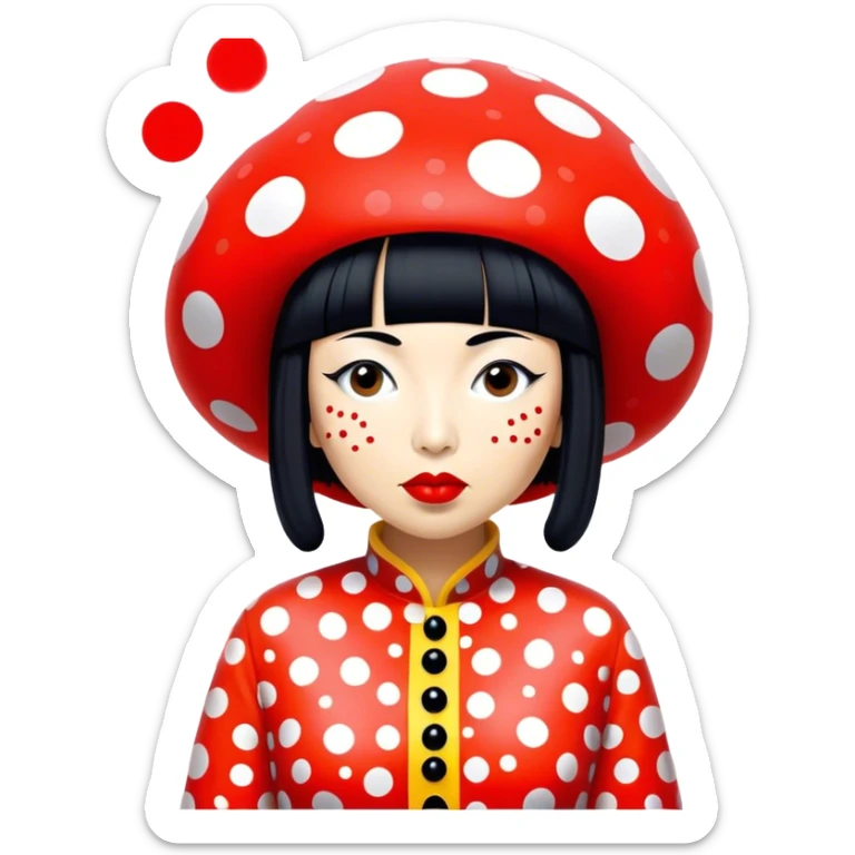 Yayoi Kusama – Cinematic Realistic Portrait of old Japanese artist Yayoi Kusama, depicted as an avant-garde artist with an eccentric, captivating expression surrounded by her iconic polka dot patterns, rendered with vivid textures and imaginative lighting that evokes her unique, surreal creative world. sticker