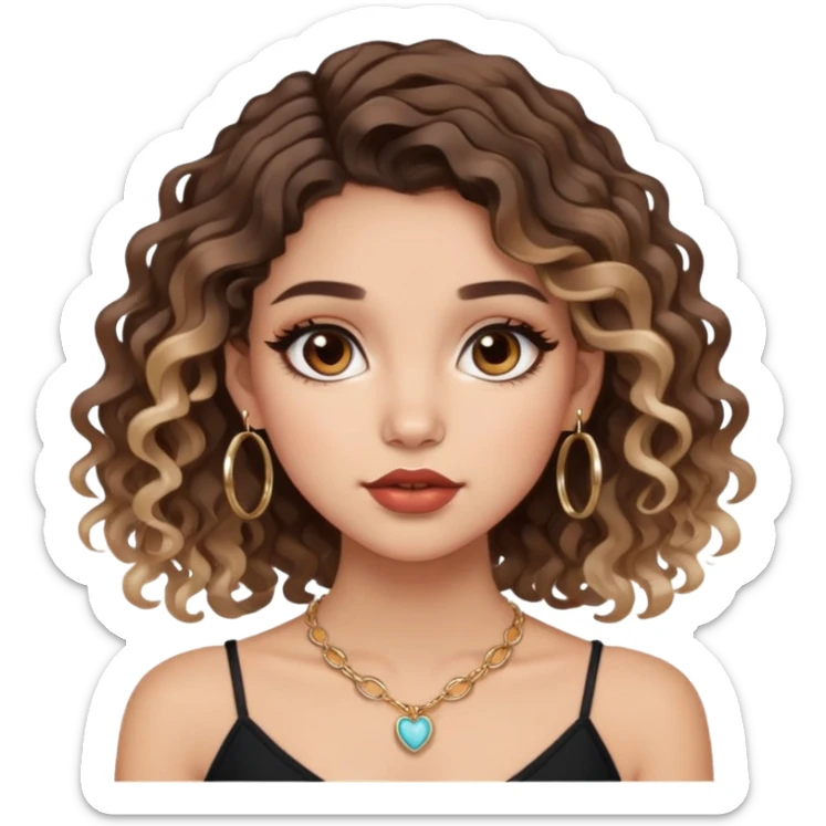 cute girl with not volominous curly/wavy balayage hair brown eyes full lips cute makeup cute necklace and hoop earrings sticker