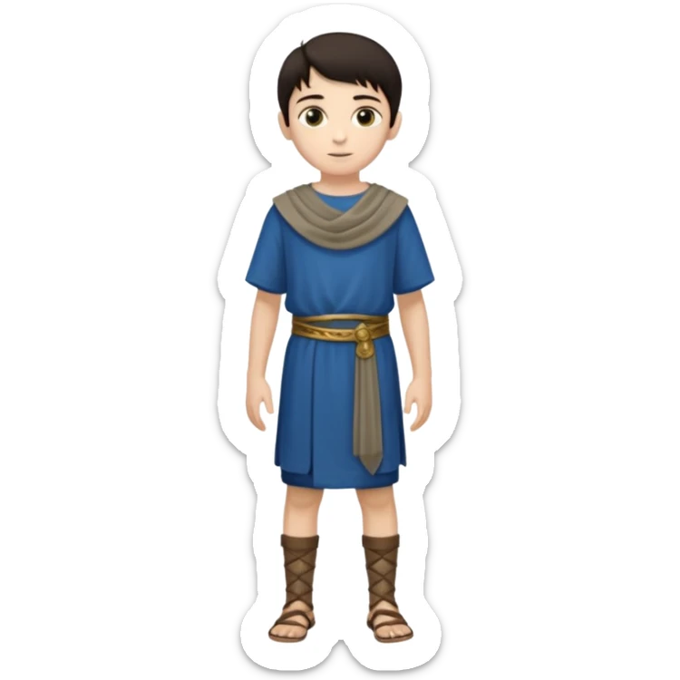 Niño: niño entre ⅞ años y 10/14 años, delgado, blanco de piel, moreno, ojos ni muy claros ni muy oscuros, bueno y simpático. cuerpo entero, época púnica sticker