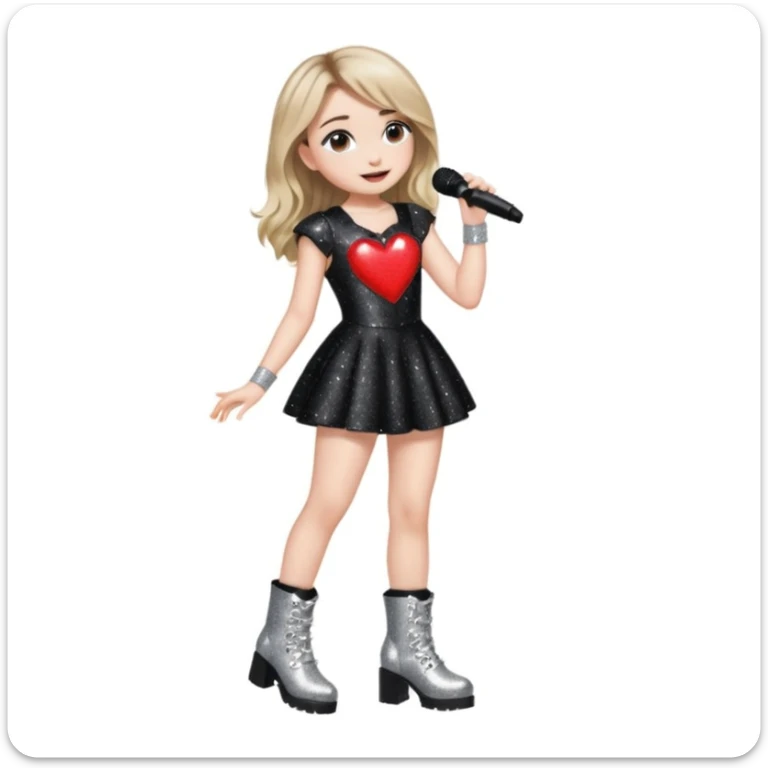 Sabrina carpenter singing at a concert wearing a black sparkly mini dress with silver at the end, with silver sparkly boots with heart cut out on the side sticker