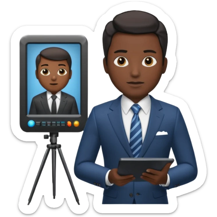 news anchor black skin man, with a screen with a prompter in front of her sticker