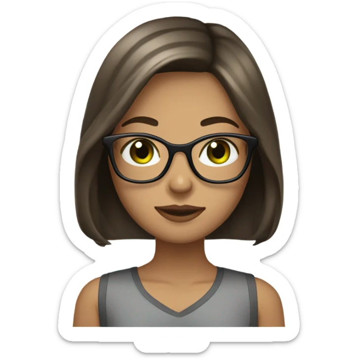 Girl with Longbob dark Brown Hair and highlights in front of the hair and she wears glasses and has green eyes sticker