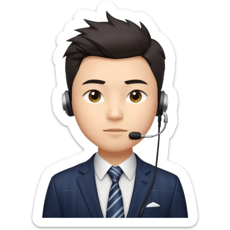 A young Asian man with light skin, short dark hair styled upward with a sharp spiked swoop in front, slightly narrowed almond-shaped eyes with a confident, knowing squint, a clean-shaven face, and a sleek single-ear headset, wearing a dark pinstripe suit with a patterned shirt tie sticker