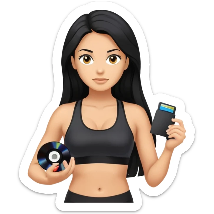 glasses, long black hair tanned woman, black sports bra, sexy, hot, data analysis, holding a cd  and memory stick sticker