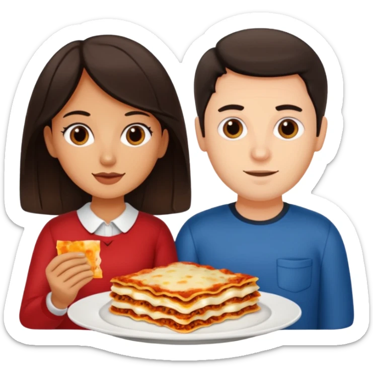 tan girl with dark hair and white guy with dark hair sharing a plate of lasagna sticker