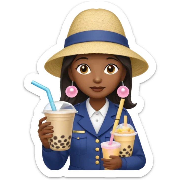 A Mysterious Elderly Female with Dark skin and Straight hair, wearing a Uniform outfit, a Sunhat, No glasses, carrying a Enchanted staff, working as a scientist, while drinking Bubble tea and reading a Journal. sticker