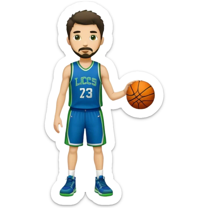 Full Body  white male basketball player with short dark shaggy hair and goatee wearing blue and green uniform sticker