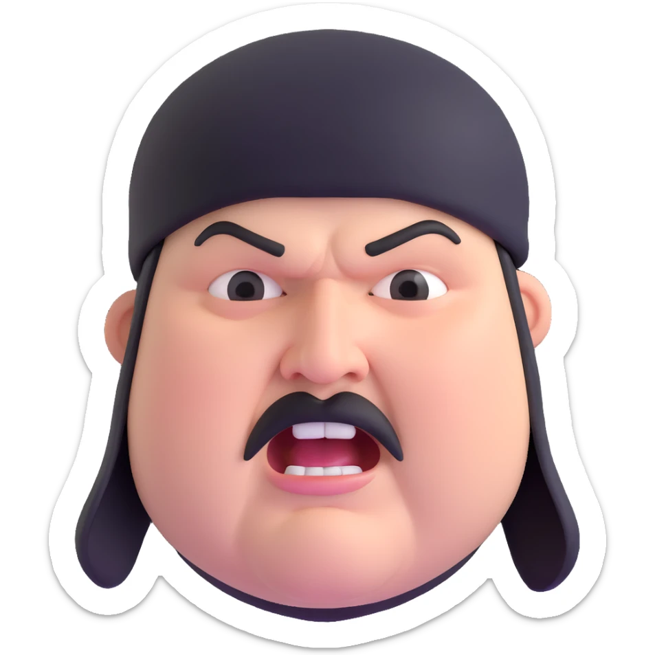 Super extreme tight close-up of just the face of morbidly obese white skin guy with young face, prominent BLACK DURAG tied clearly on head, black beard but no mustache, clean shaven upper lip, black eyes, mouth wide open screaming angrily sticker