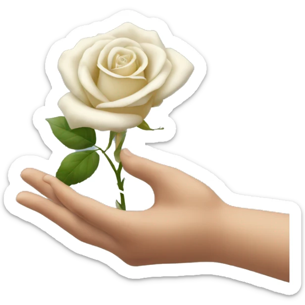 a hand coming out from the bottom of the screen, showing the back of his hand, which is holding a white rose from the stem sticker