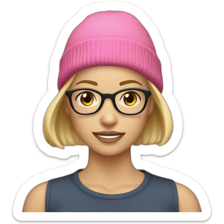 30 year old white woman short straight blond hair with a beanie on her heard and glasses sticker