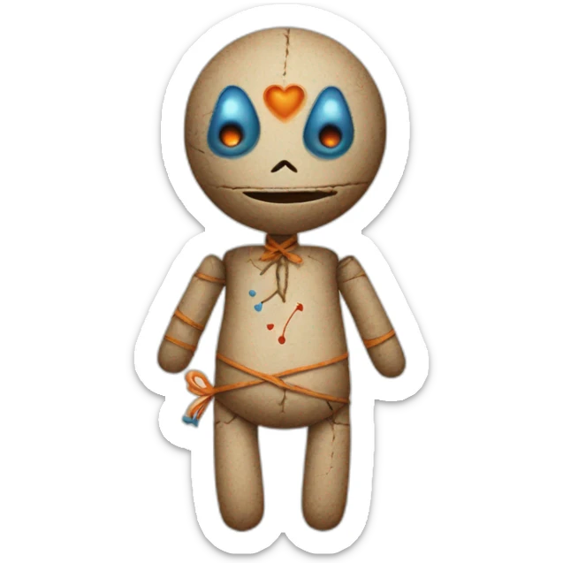 voodoo doll with orange and blue buton eyes and a heart on left side of belly sticker