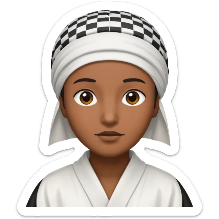 Una persona morena que solo se le vea la cara con una bata de arabe en la cara color blanco con cuadros negros en la cabeza  sticker