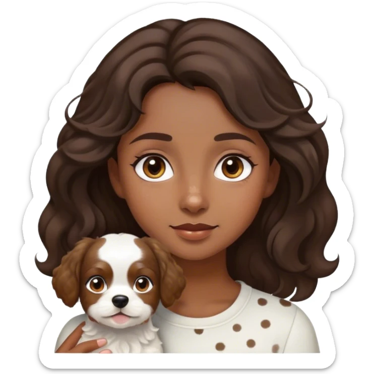 iPhone style emoji of a girl with wavy dark brown hair and eyes with a small white dog with light brown ears and spots sticker