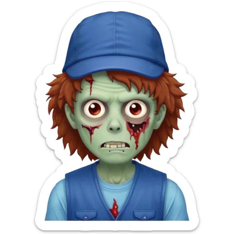 brown fluffy hair zombie with blue and white hat dark blue jilet red t shirt sticker