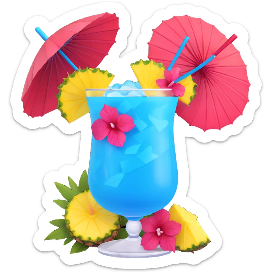 vibrant tropical fruity blue cocktail with hibiscus, pineapple slice, and paper umbrella garnish sticker