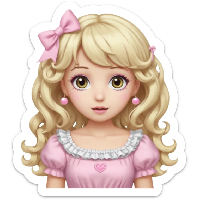 pale girl, swirled blonde and baby pink curly hair, bangs, grey eyes, doll-like makeup, light pink hime gyaru dress, emoji style sticker