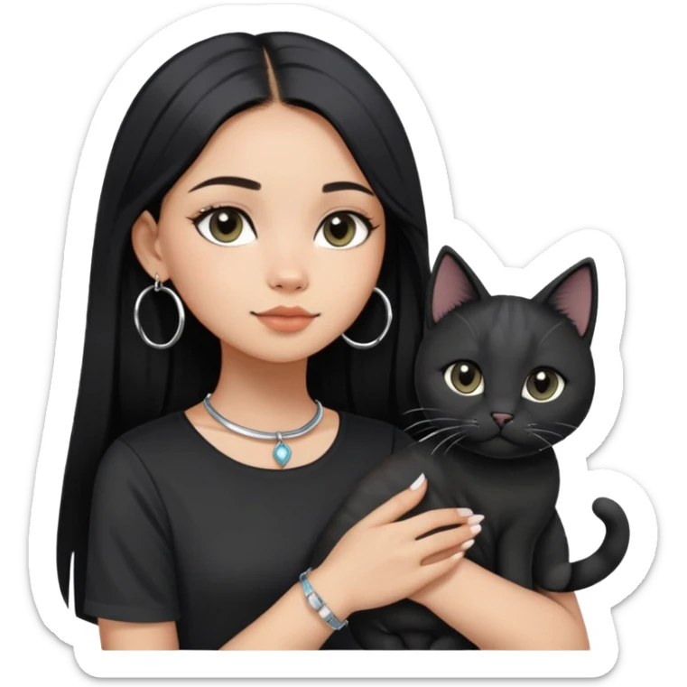 A girl with long straight black hair has upward-slanting eyeliner. She is wearing large silver hoop earrings, a black short-sleeved shirt, and a bracelet on her left hand. She is holding a cat with a black face  sticker