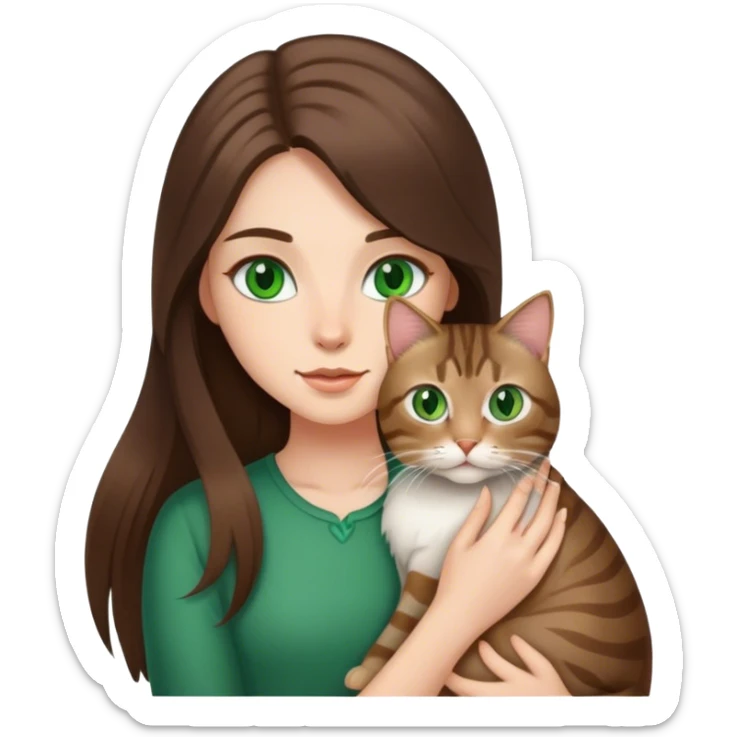 brunette long hair girl green eyes holding a tabby cat sticker