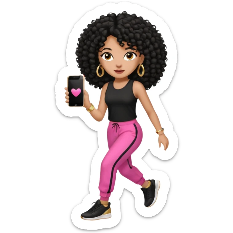Black woman, adult, 4C black curly hair, dark brown eyes, wearing black top, pink pants, black sneakers, gold hoop earrings, iPhone emoji style na corrida  sticker